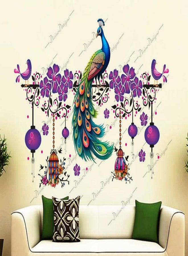DivineDesigns ملصق حائط ذاتي اللصق من الفينيل PVC بتصميم أقفاص زهور بنفسجية على شكل طاووس من DivineDesigns لتزيين المنزل/غرفة المعيشة (متعدد الألوان) - Image 2